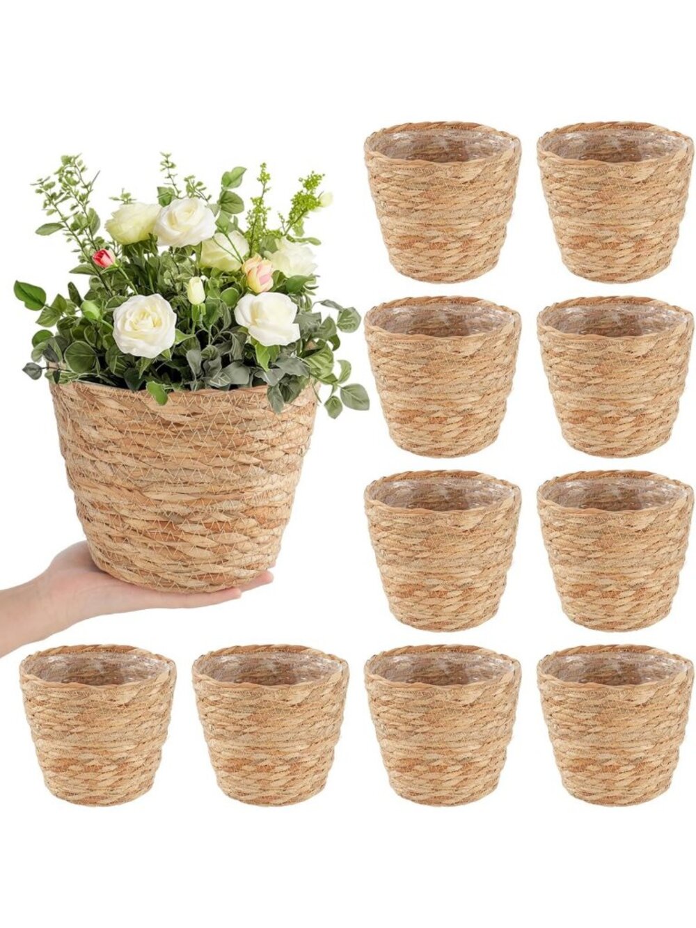 10 PCS Woven Seagrass Plant Baskets with Liners - Indoor/Outdoor Planter
